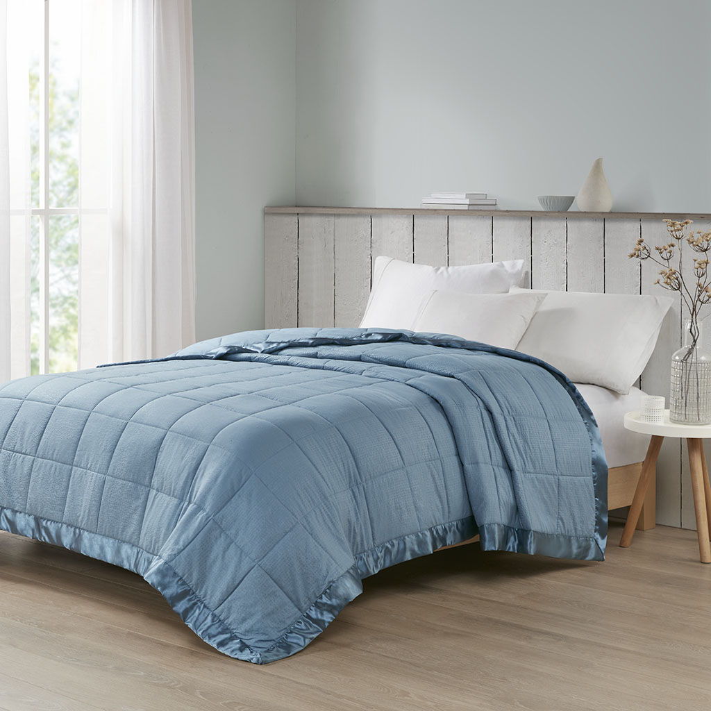 Oversized Down Alternative Blanket With Satin Trim, Slate Blue