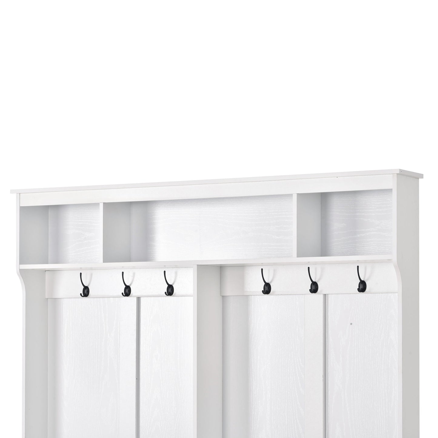 On-Trend Modern Style Multiple Functions Hallway Coat Rack With Metal Black Hooks, Entryway Bench 60" Wide Hall Tree With Ample Storage Space And 24 Shoe Cubbies, White