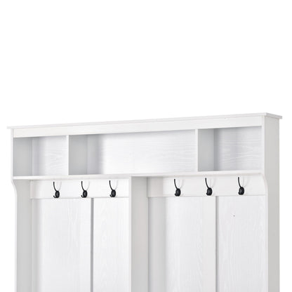 On-Trend Modern Style Multiple Functions Hallway Coat Rack With Metal Black Hooks, Entryway Bench 60" Wide Hall Tree With Ample Storage Space And 24 Shoe Cubbies, White