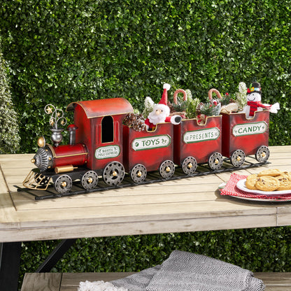 Dark Red Metal Train With Three Cars Decor - Red