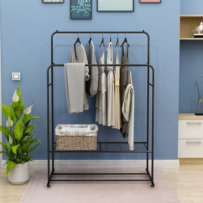 Garment Rack Freestanding Hanger Double Rods Multi Functional Bedroom Clothing Rack - Black