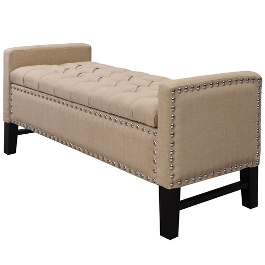 Upholstered Linen Bench With Flip Top - Beige / Black