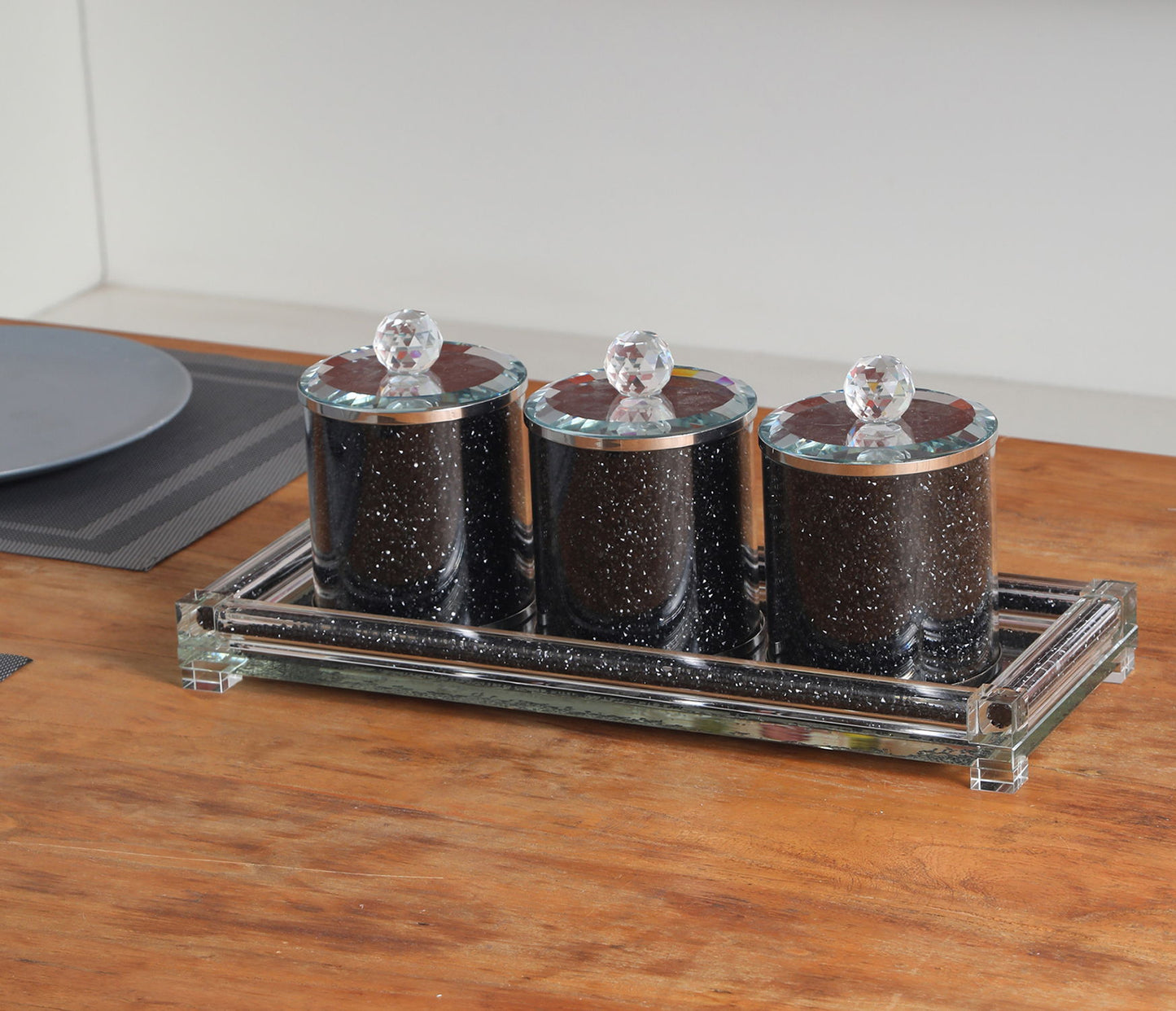 Ambrose Exquisite Tea, Sugar, Coffee Canisters With Tray In Crushed Diamond Glass In Gift Box - Black