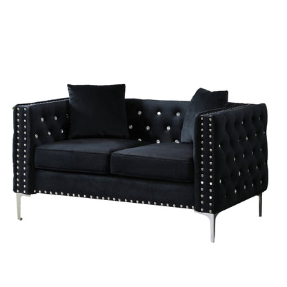 Wide Sofa With Jeweled Buttons Square Arm, 2 Pillows