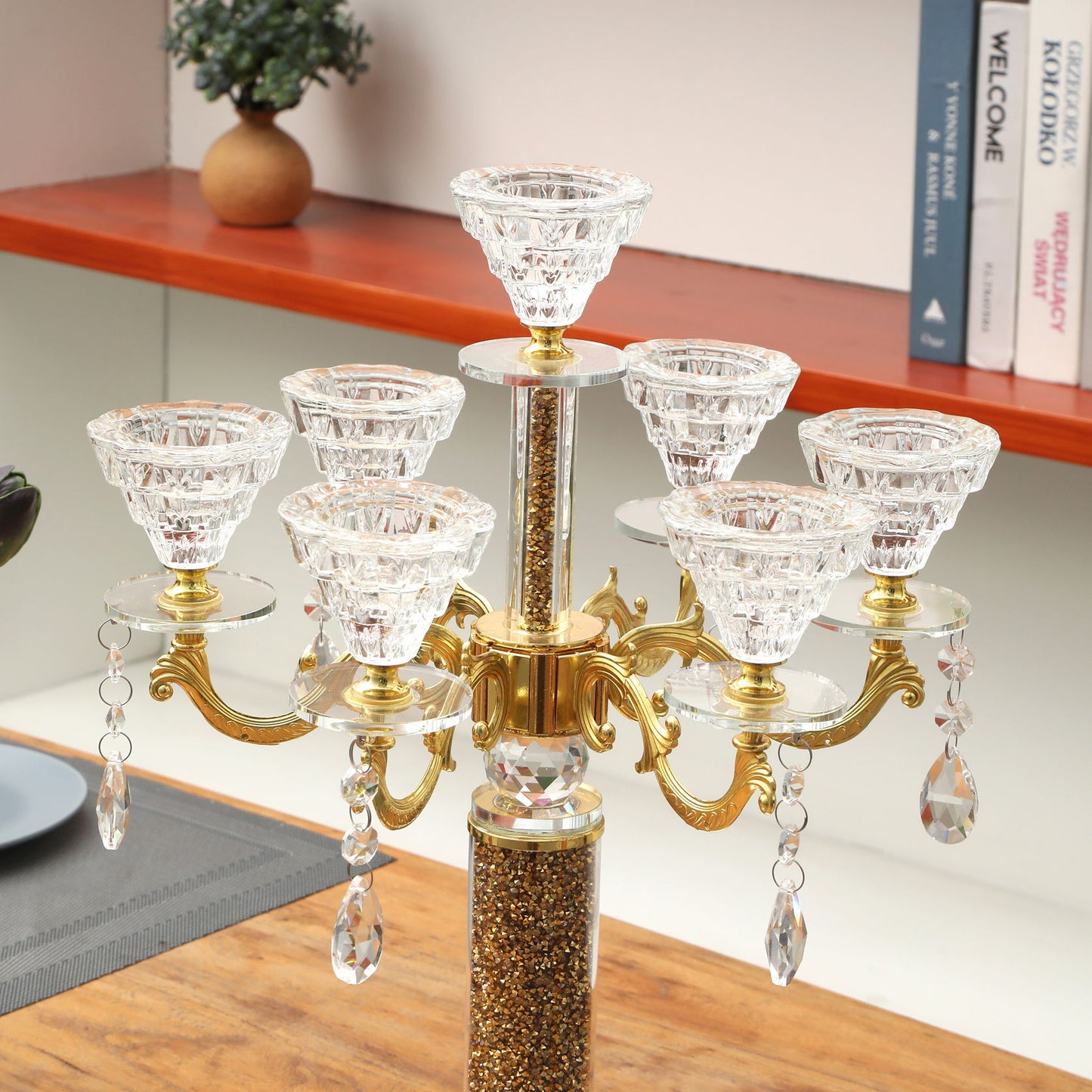 Ambrose Candle Holder With Pendants (Holds 7 Candles) - Gold