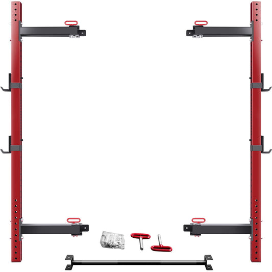 Wall Mounted Folding Squat Rack - Folding Squat Power Rack For 1000Lbs Capacity With Pull Up Bar And J Cups, Space Saving Home Gym Equipment