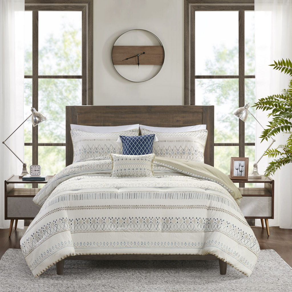 5 Piece Printed Seersucker Comforter Set With Throw Pillows - Taupe / Blue