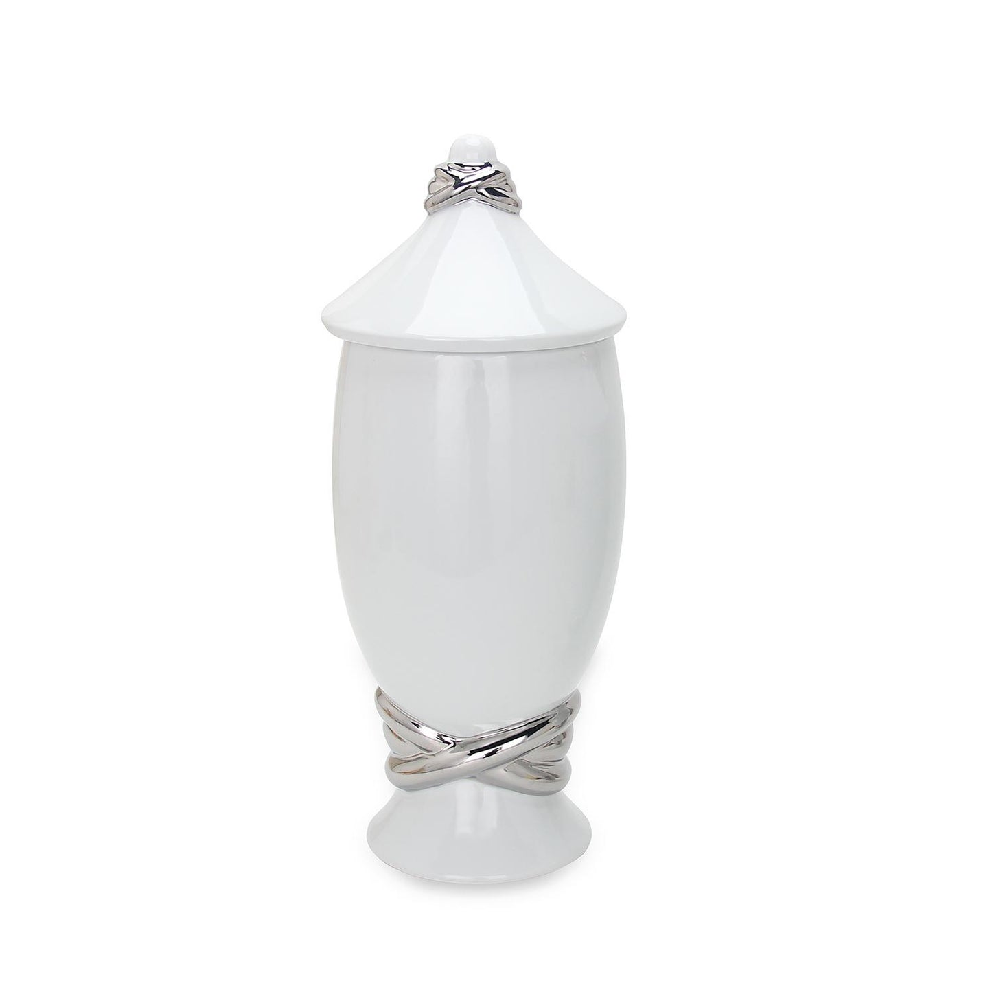 Ceramic Decorative Jar With Silver Accent And Lid - White