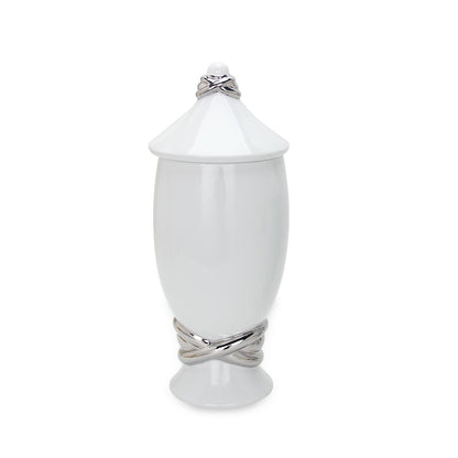 Ceramic Decorative Jar With Silver Accent And Lid - White