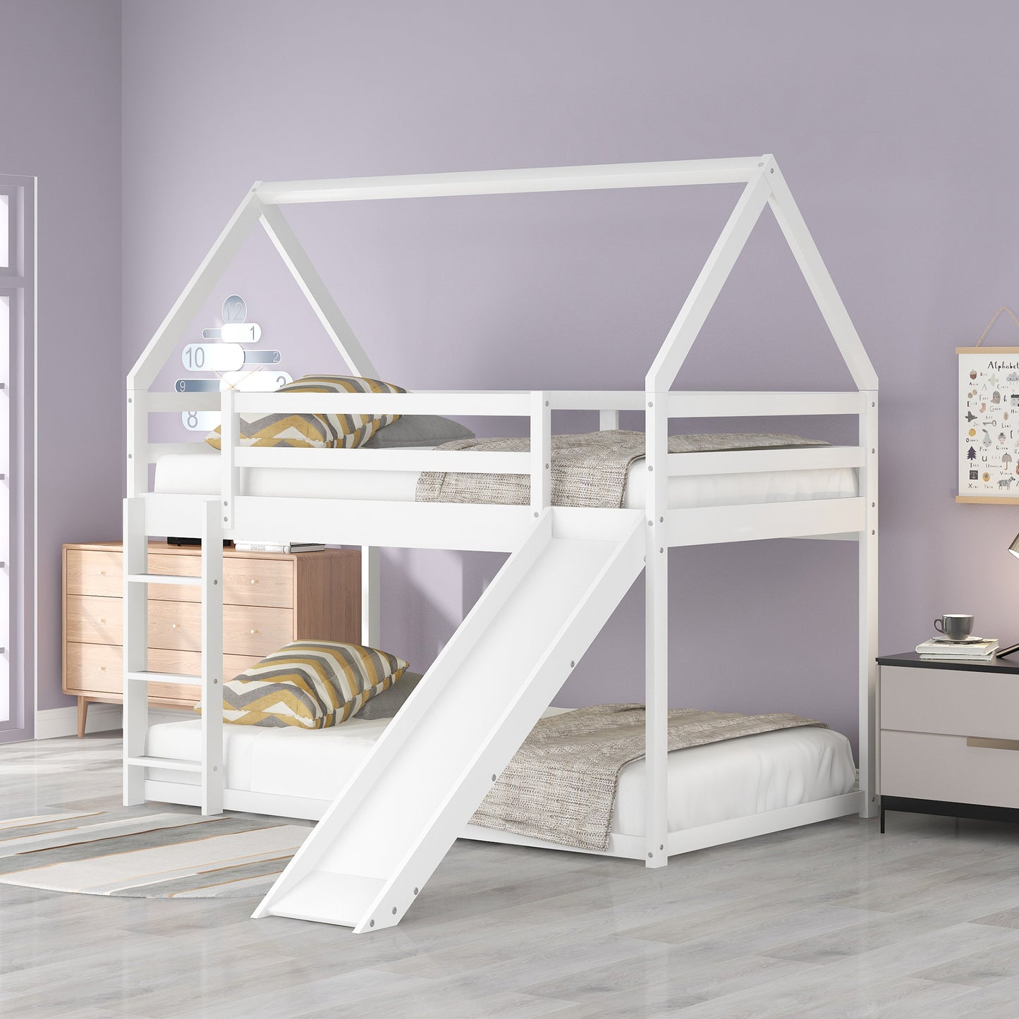 Twin Size Bunk House Bed with Slide and Ladder,White