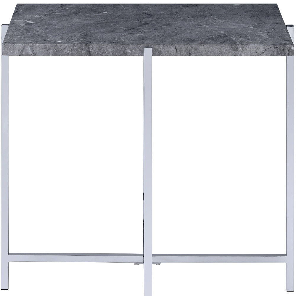 Faux Marble Manufactured Wood And Metal Rectangular End Table - Chrome And Dark Gray