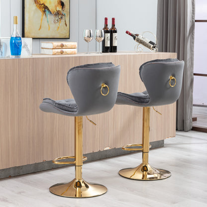 Set of 2  Bar Stools,with Chrome Footrest and Base Swivel Height Adjustable Mechanical Lifting Velvet + Golden Leg Simple Bar Stool-gray