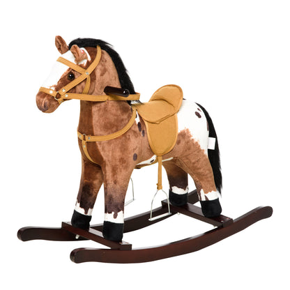 Qaba - Kids Metal Plush Ride-On Rocking Horse Chair Toy With Realistic Sounds - Dark Brown / White