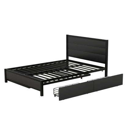 Metal Queen Size Storage Platform Bed with Twin Size Trundle and 2 Drawers, Black