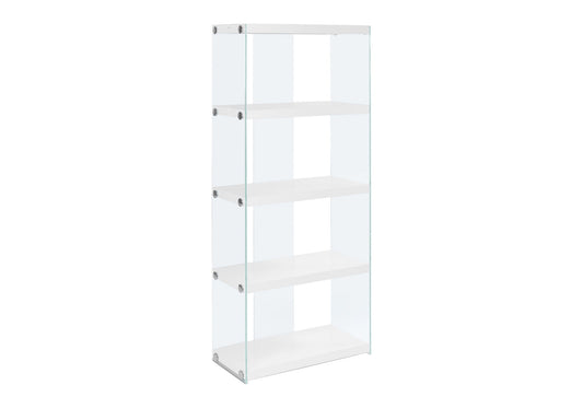 Bookshelf, Bookcase, Etagere, 5 Tier, Glossy Clear Tempered Glass - White