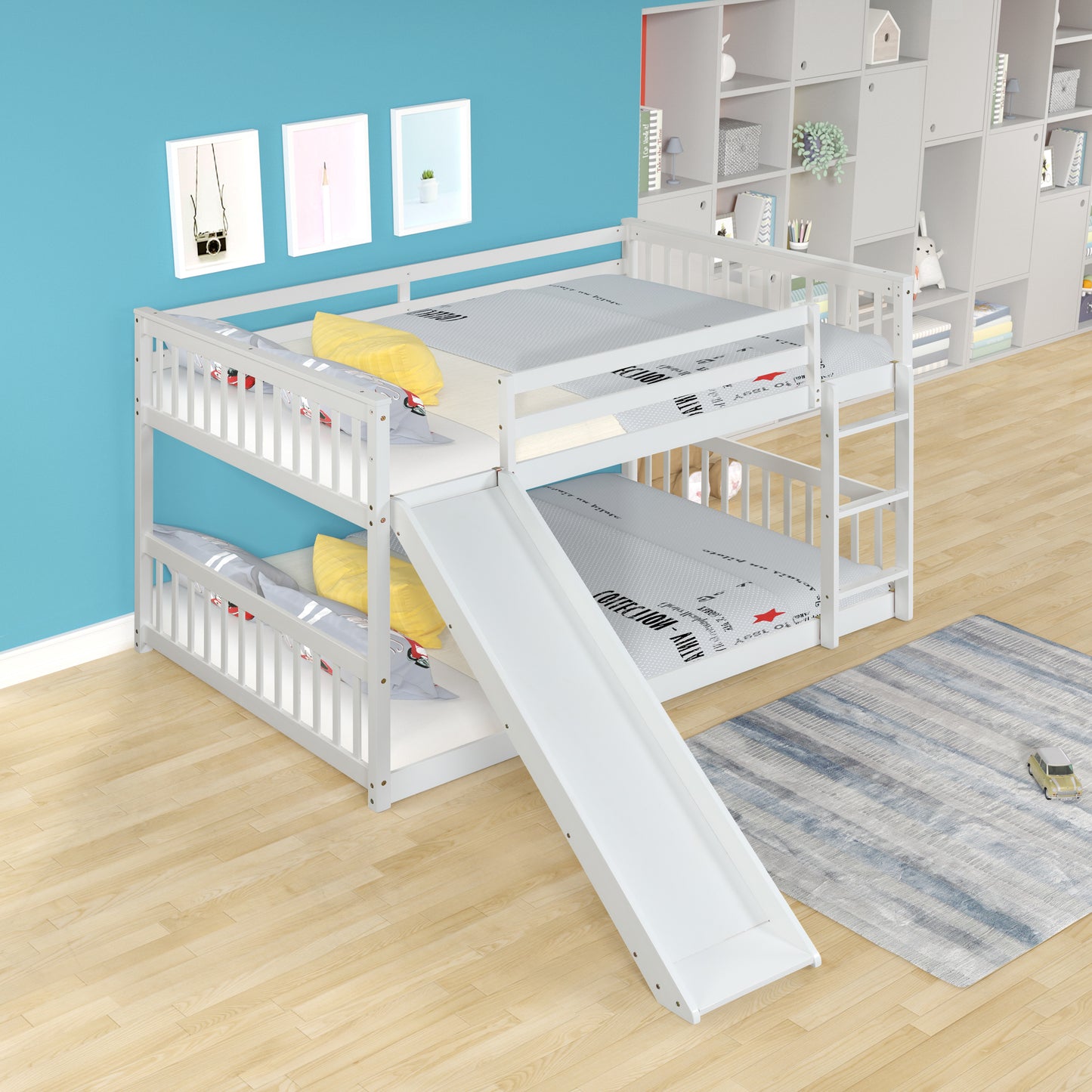 Full over Full Bunk Bed with Slide and Ladder in White Color