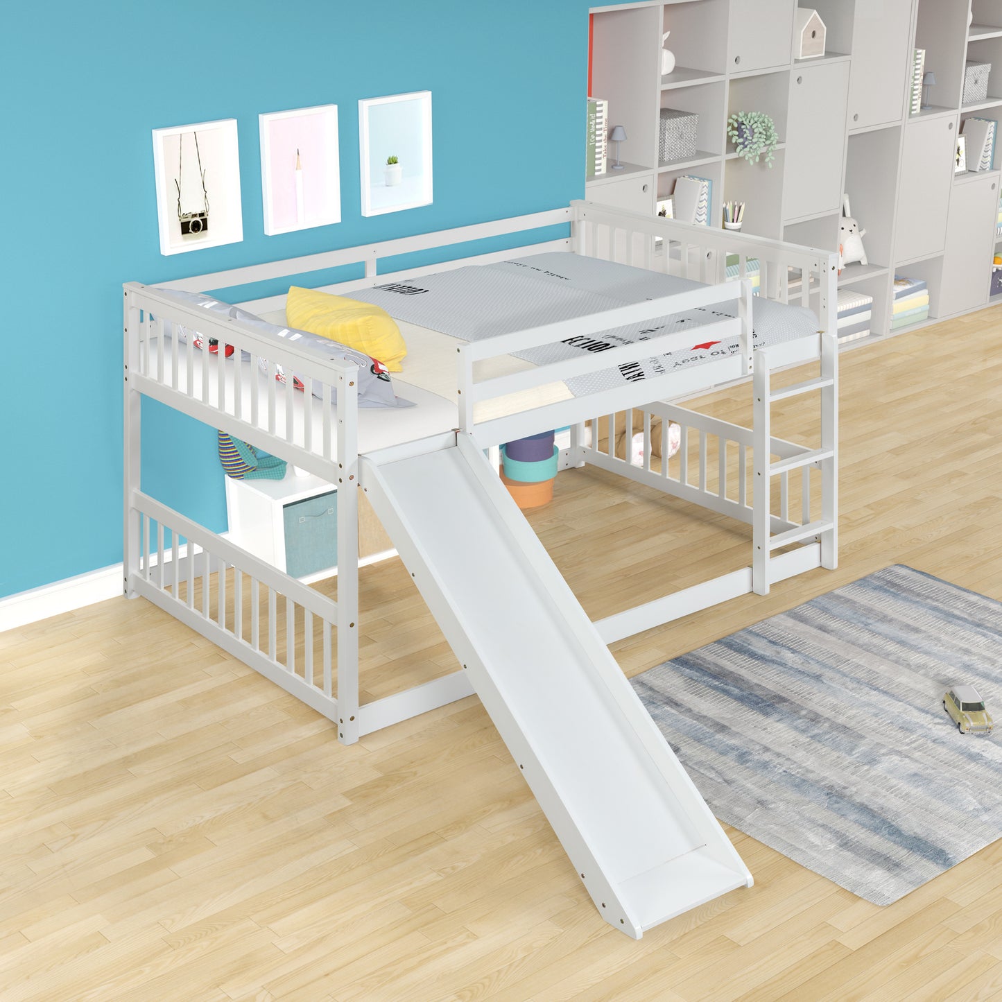 Full over Full Bunk Bed with Slide and Ladder in White Color