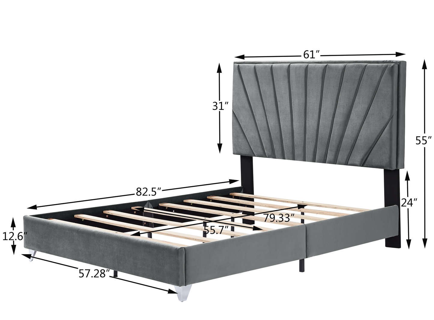 B108 Full bed with one nightstand, Beautiful line stripe cushion headboard , strong wooden slats + metal legs with Electroplate