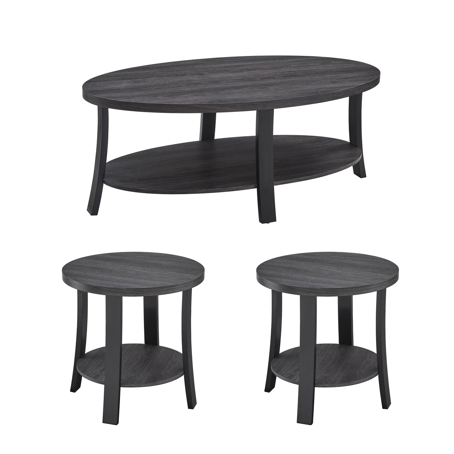 Anze - 3 Piece Coffee Table Set Contemporary Oval Wood Shelf - Charcoal