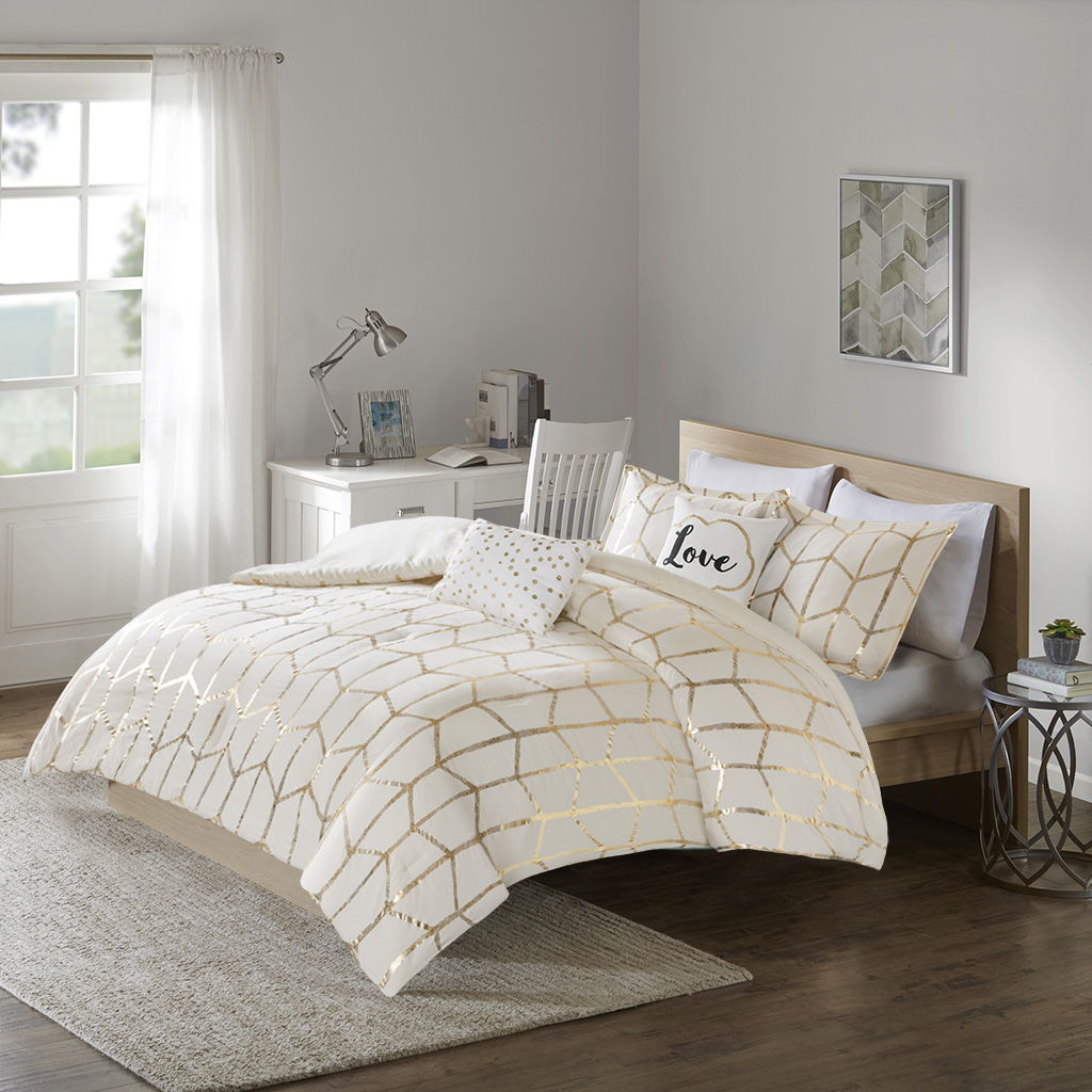 Raina Twin Long Metallic Printed Comforter Set - Beige