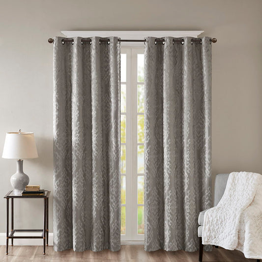 Knitted Jacquard Damask Total Blackout Grommet Top Curtain Panel - Charcoal