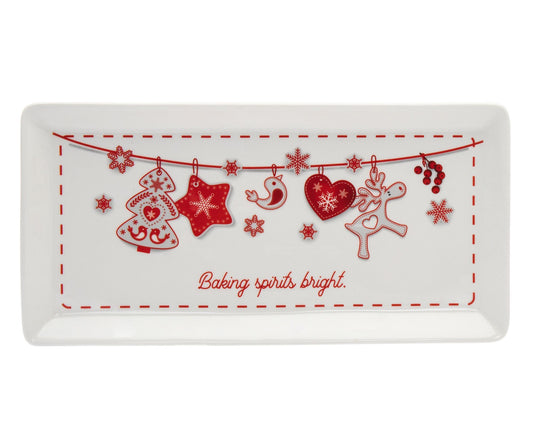 Rectangular Porcelain China Christmas Serving Tray - Red And White