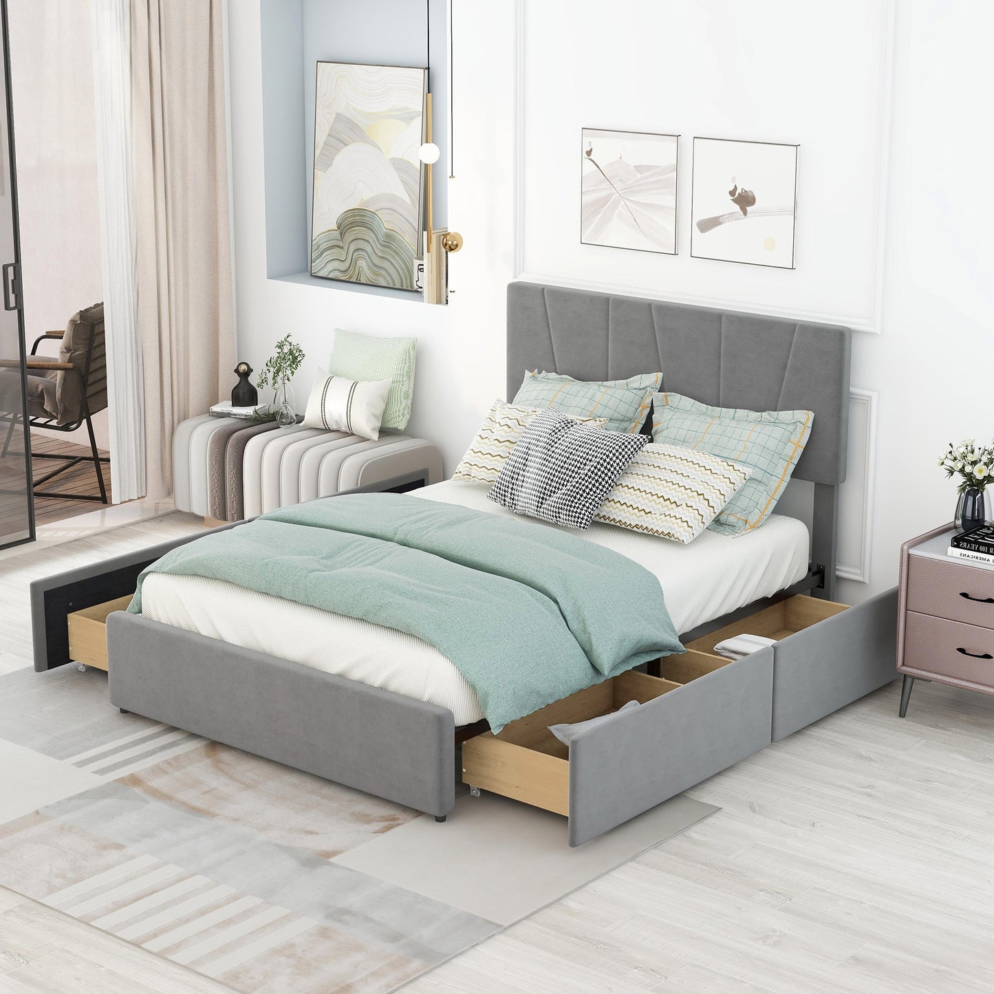 Full Size Upholstery Platform Bed with Four Drawers on Two Sides, Adjustable Headboard, Grey(Old SKU: WF291773EAA)