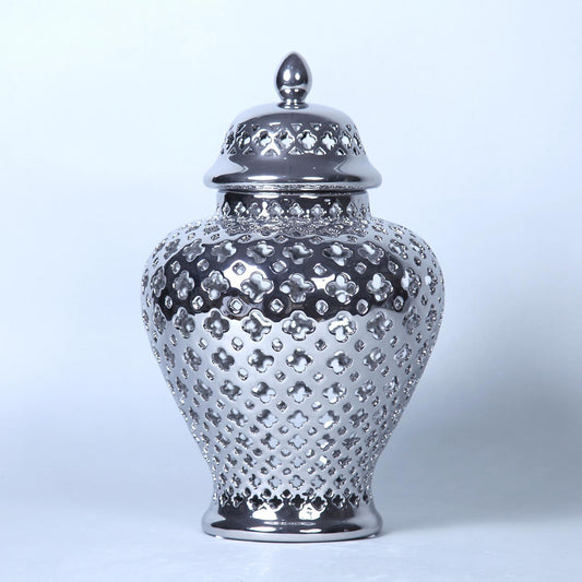 Silver Ceramic Ginger Jar With Decorative Design