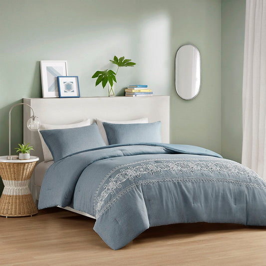 Embroidered Comforter Set - Blue