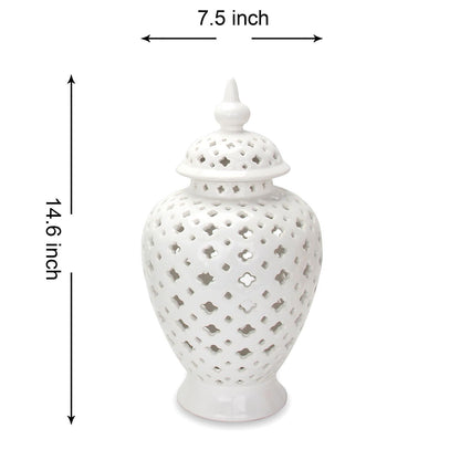 Ceramic Ginger Jar Vase With Decorative Design And Removable Lid - White