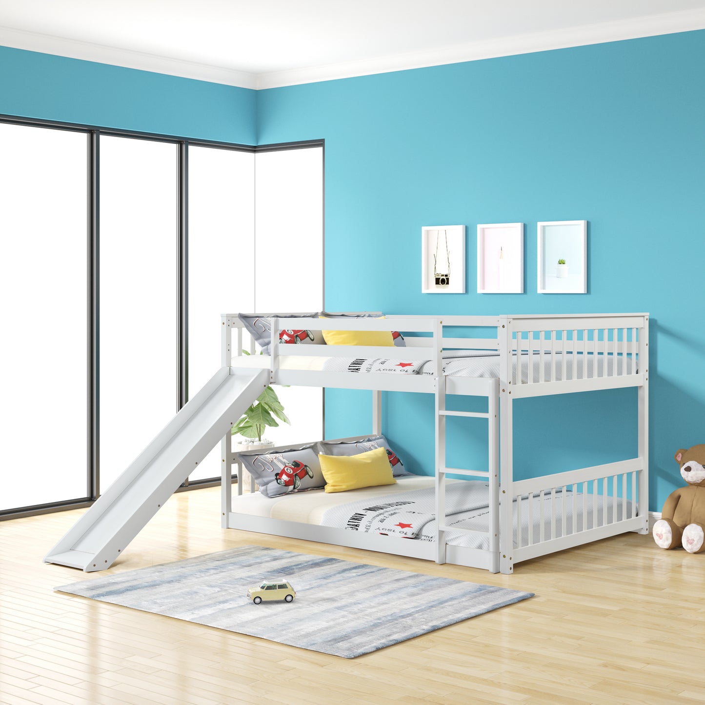 Full over Full Bunk Bed with Slide and Ladder in White Color