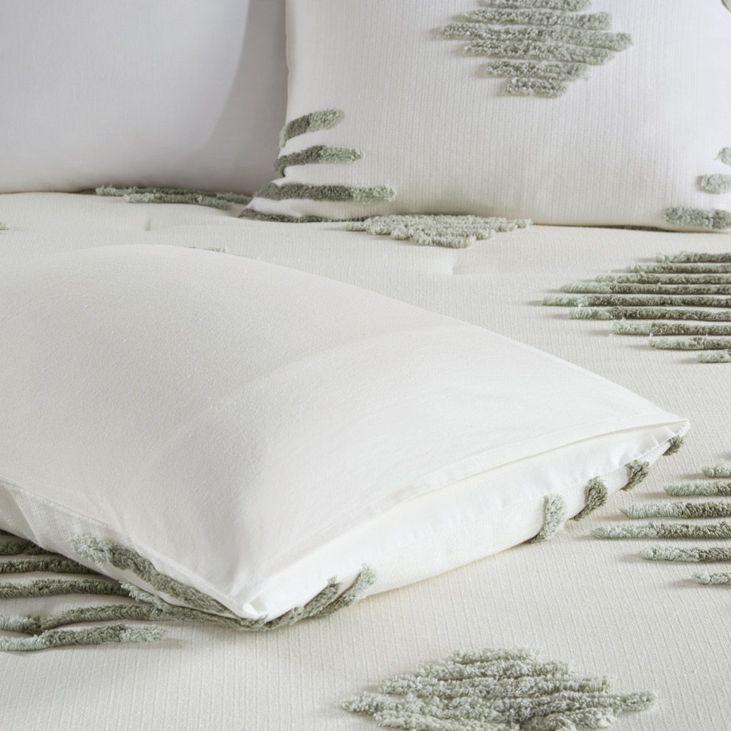 3 Piece Cotton Blend Chenille Comforter Set - Green / Ivory