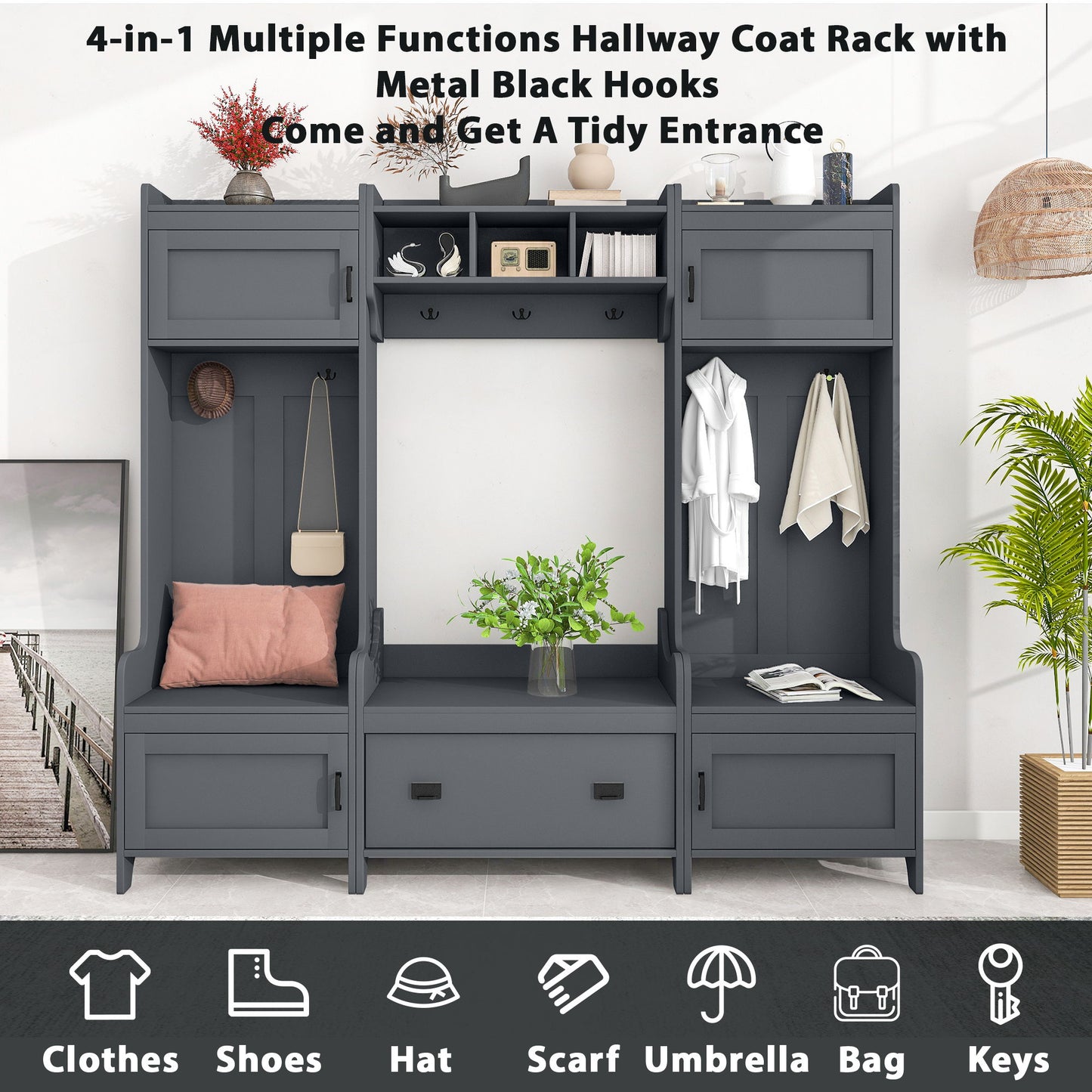 On-Trend Modern Style 4-In-1 Multiple Functions Hallway Coat Rack With Seven Metal Black Hooks, Entryway Bench Hall Tree With Ample Storage Drawer, Gray