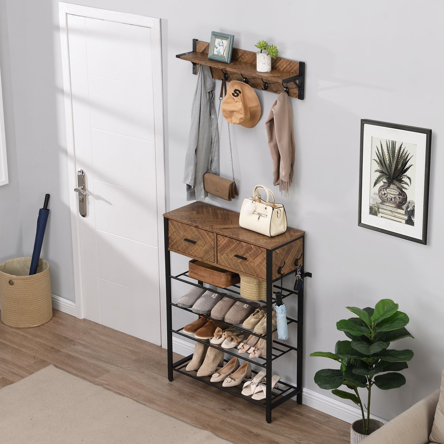 Entryway 4-Tier Shoe Rack With Hall Tree, One Set Entryway Show Rack With Storage And Hooks