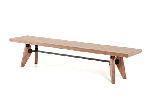 Modern Dining Bench With Silky Black Metal Support Bar - Walnut