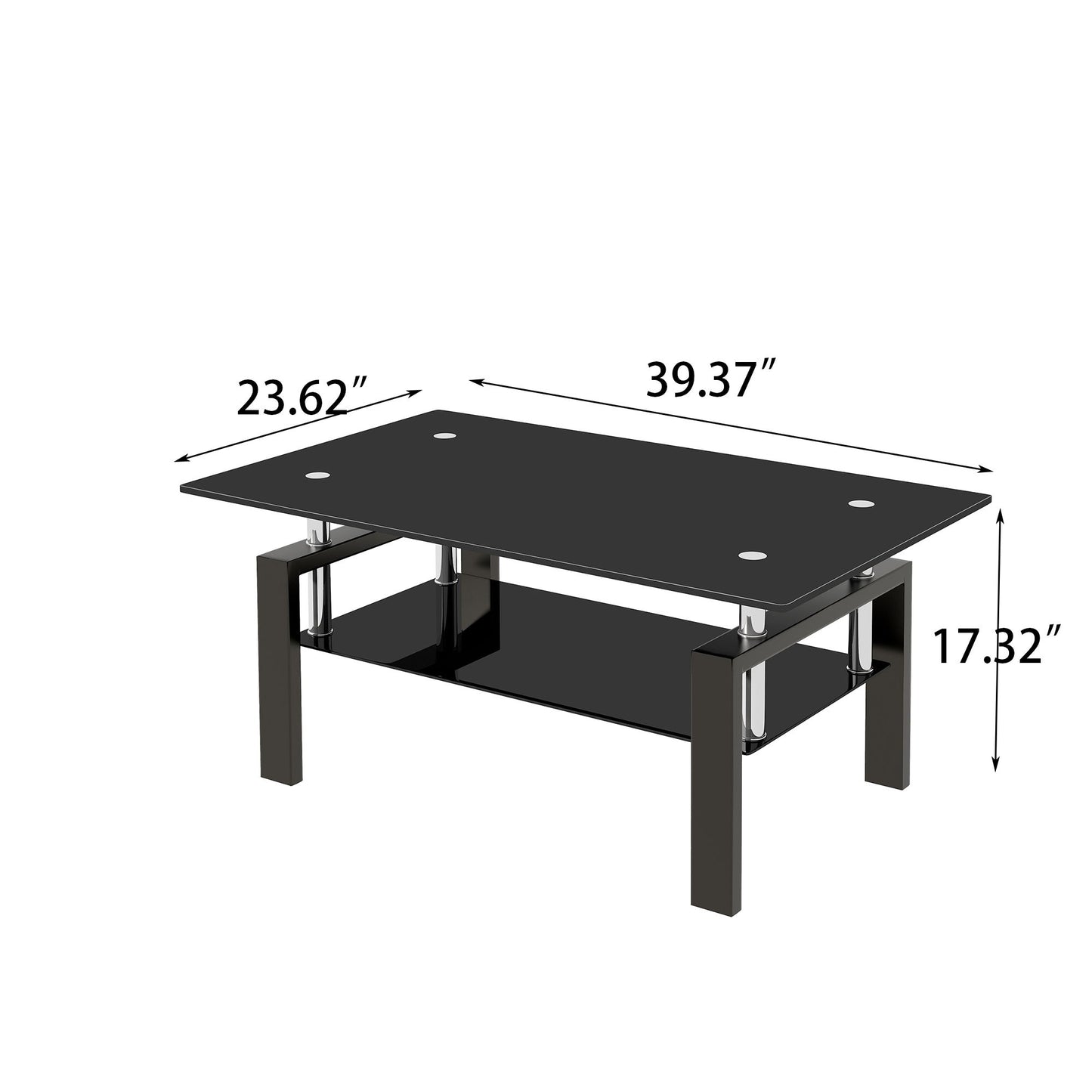 Tempered Glass Coffee Table, 2 Layer Storage Tea Table - Black