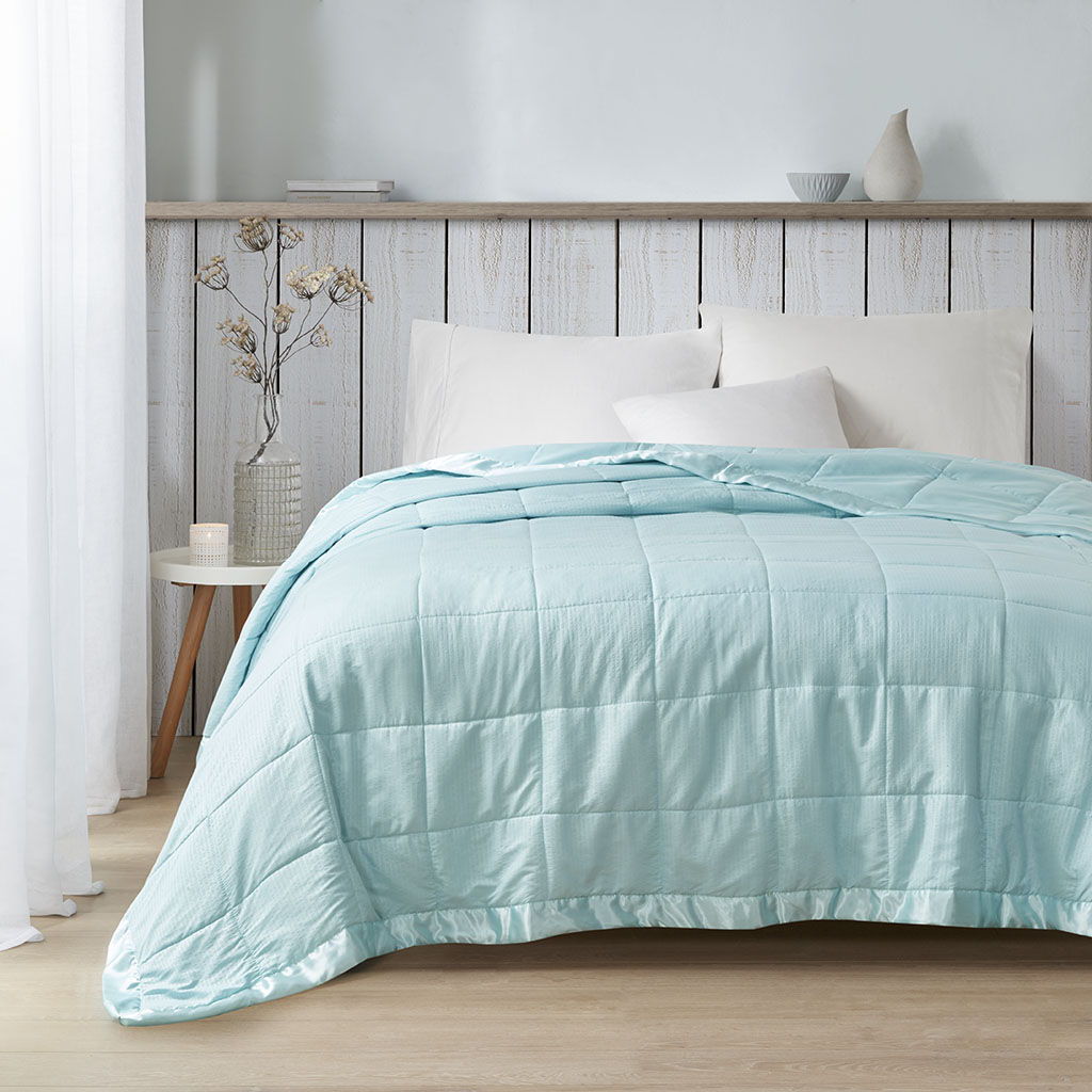 Oversized Down Alternative Blanket With Satin Trim - Aqua