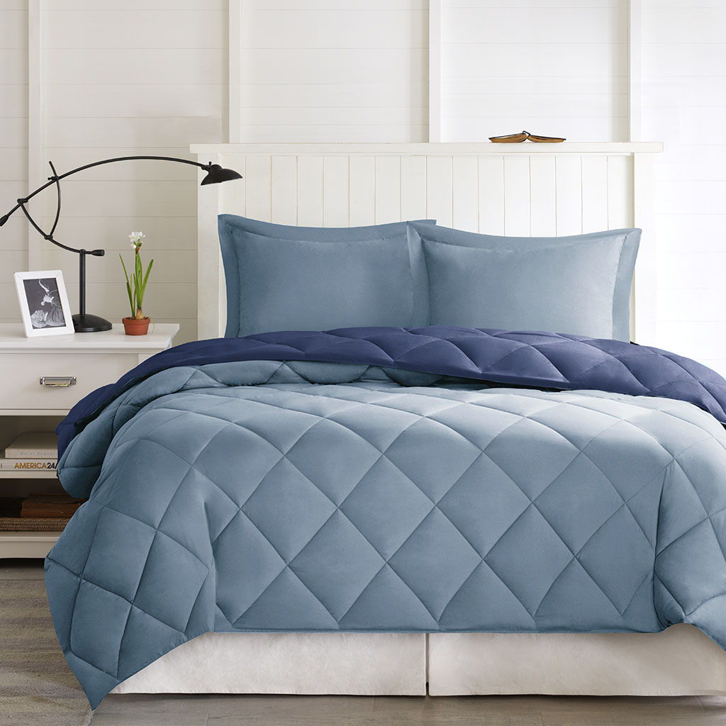 Twin Long Larkspur 3M Scotchgard Diamond Quilting Reversible Down Alternative Comforter Set - Blue