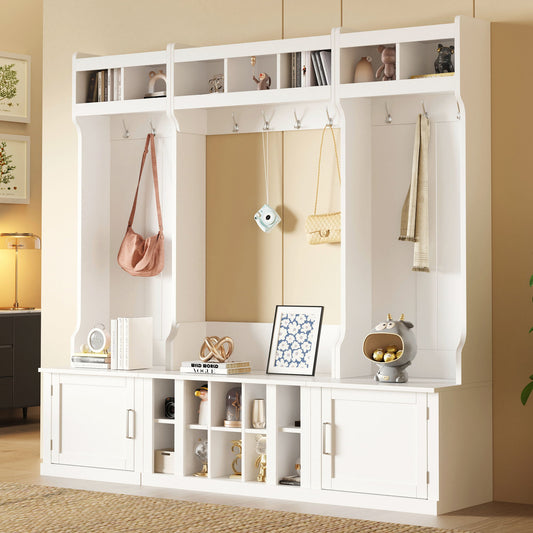 On Trend Wide Design Hall Tree With Storage And Bench, 4-In-1 Multi - Functional Entryway Bench With Coat Rack And Shoe Cubbies, Practical Furniture For Hallway, White