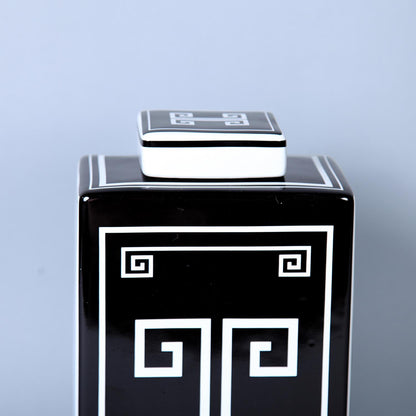 Rectangular Ceramic Decorative Jar With Black And White Geometric Design