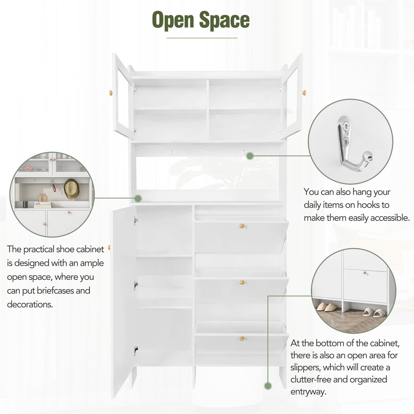 On-Trend Modernist Shoe Cabinet With Open Storage Space, Practical Hall Tree With 3 Flip Drawers, Multi-Functional & Integrated Foyer Cabinet With Tempered Glass Doors For Hallway, White