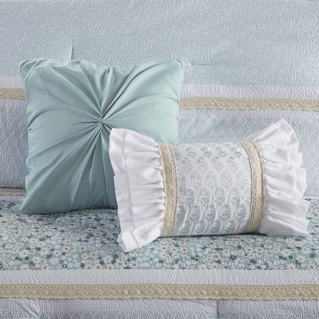 5 Piece Seersucker Comforter Set With Throw Pillows, Aqua