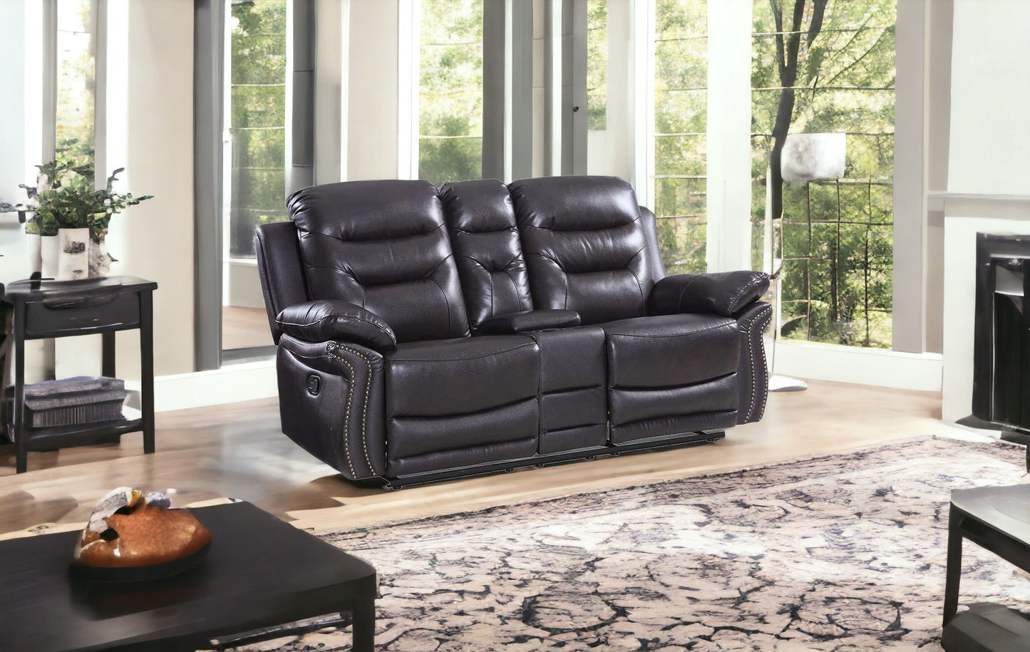 Faux Leather Manual Reclining Love Seat With Storage - Brown