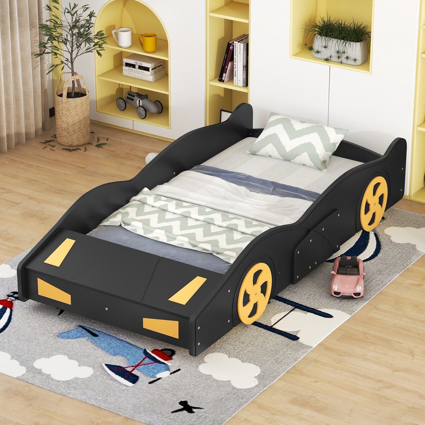 Twin Size Race Car-Shaped Platform Bed with Wheels and Storage, Black+Yellow