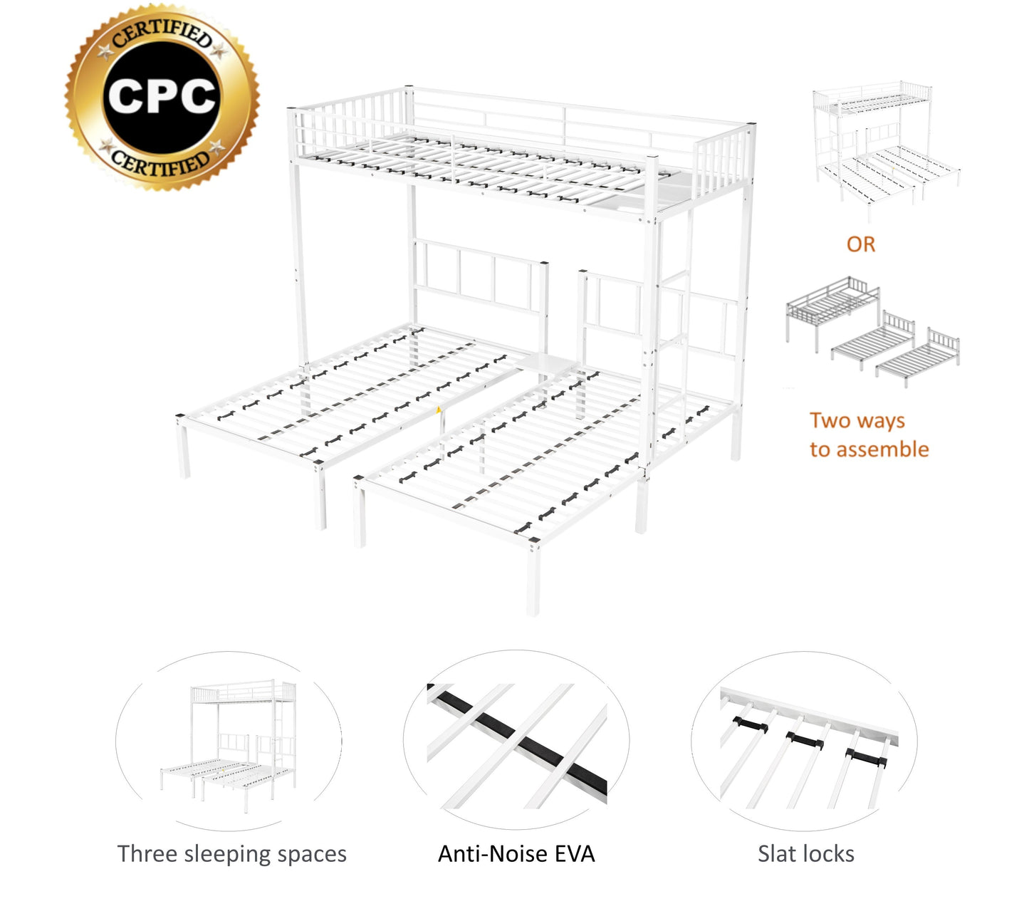 Triple Twin Bunk Bed/ Can Be Separated into 3 Twin Beds/ Sturdy Metal/ Noise Reduced/ Bunk Bed for Three/ Safety Guardrail/ CPC Certified/ No Box Spring Needed