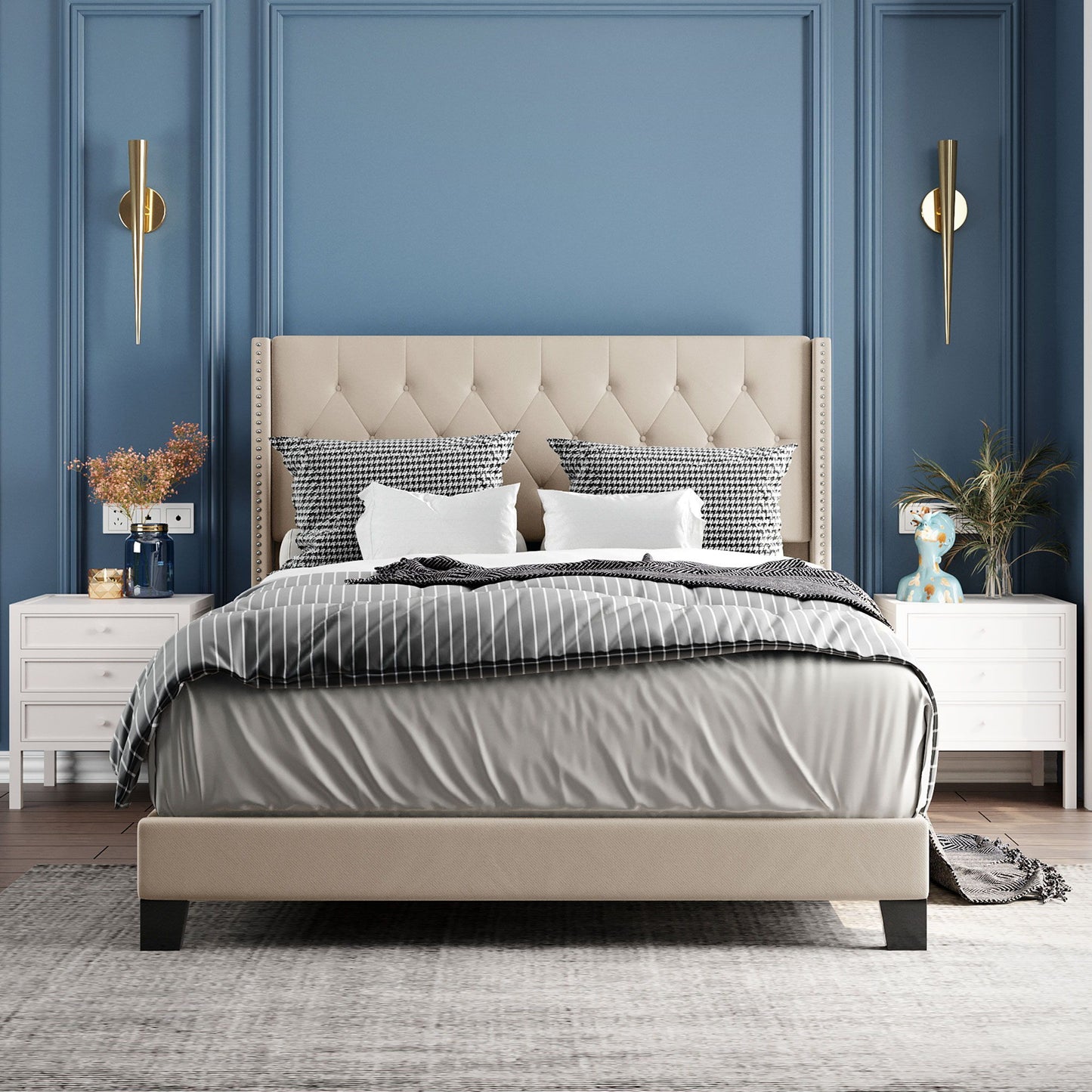 Upholstered Platform Bed With Classic Headboard, No Box Spring Needed