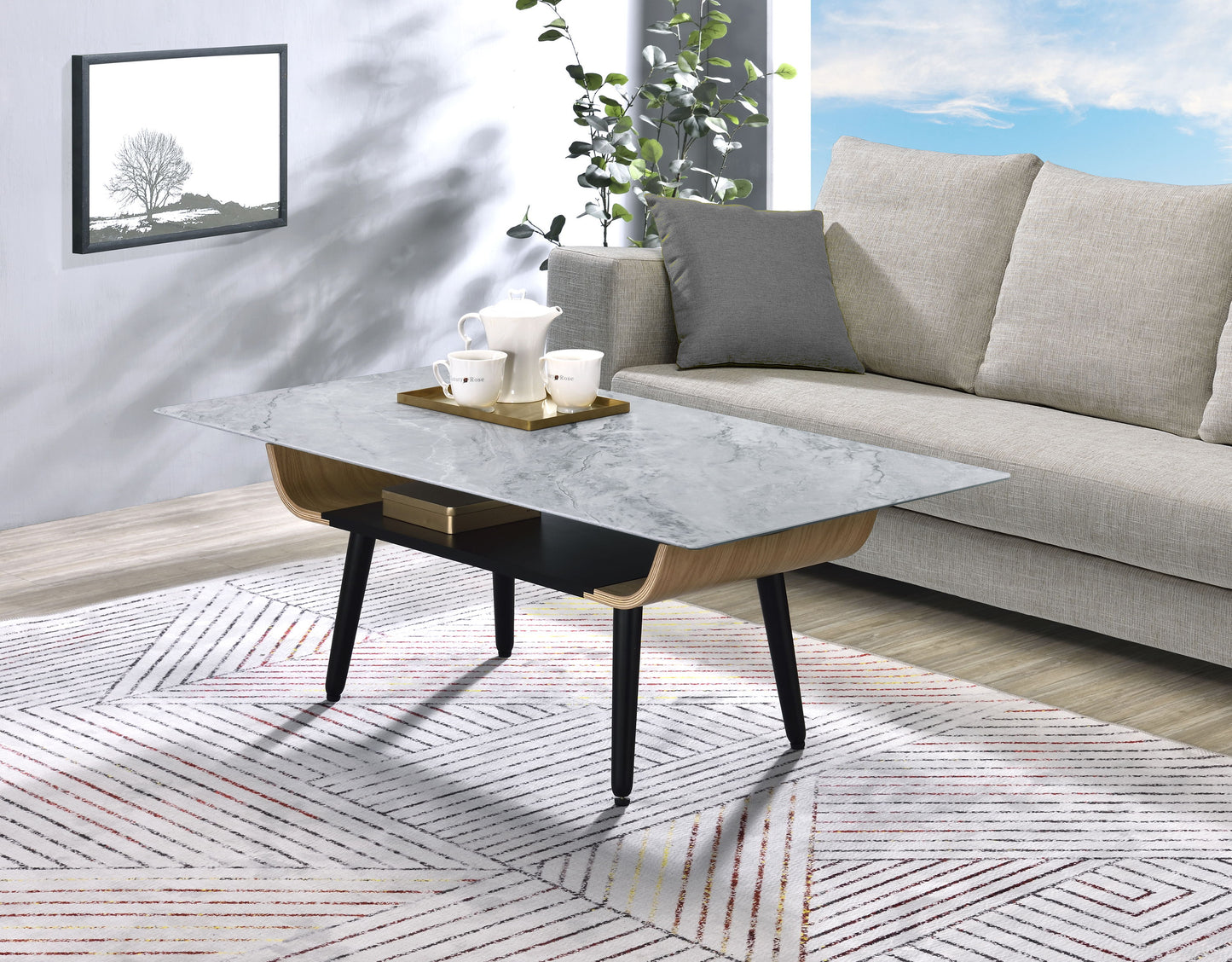 Landon - Coffee Table With Glass Marble Texture Top And Bent Wood Design