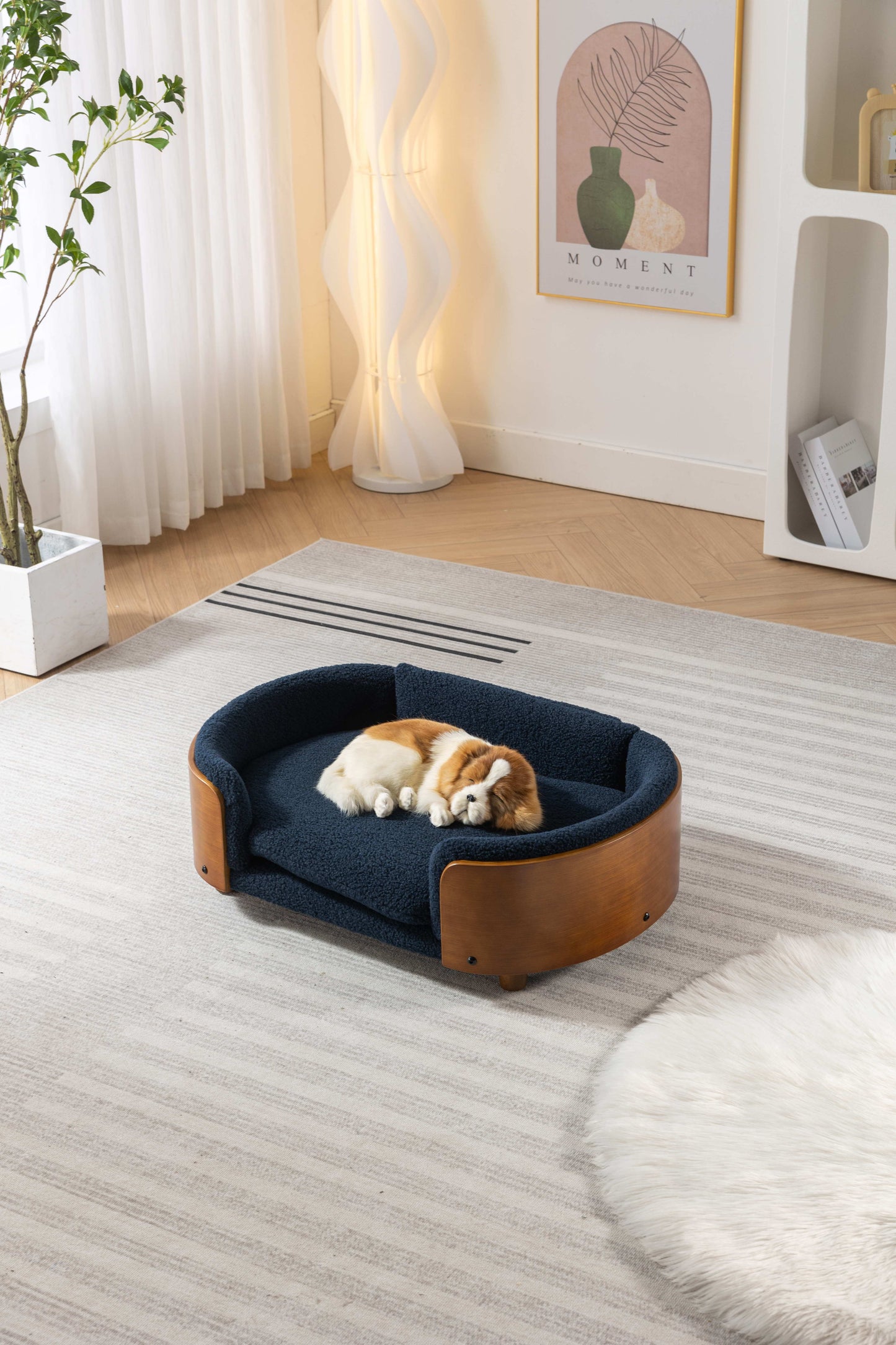 Scandinavian Style Elevated Dog Bed Pet Sofa With Solid Wood Legs And Walnut Bent Wood Back, Cashmere Cushion, Mid Size Dark Blue