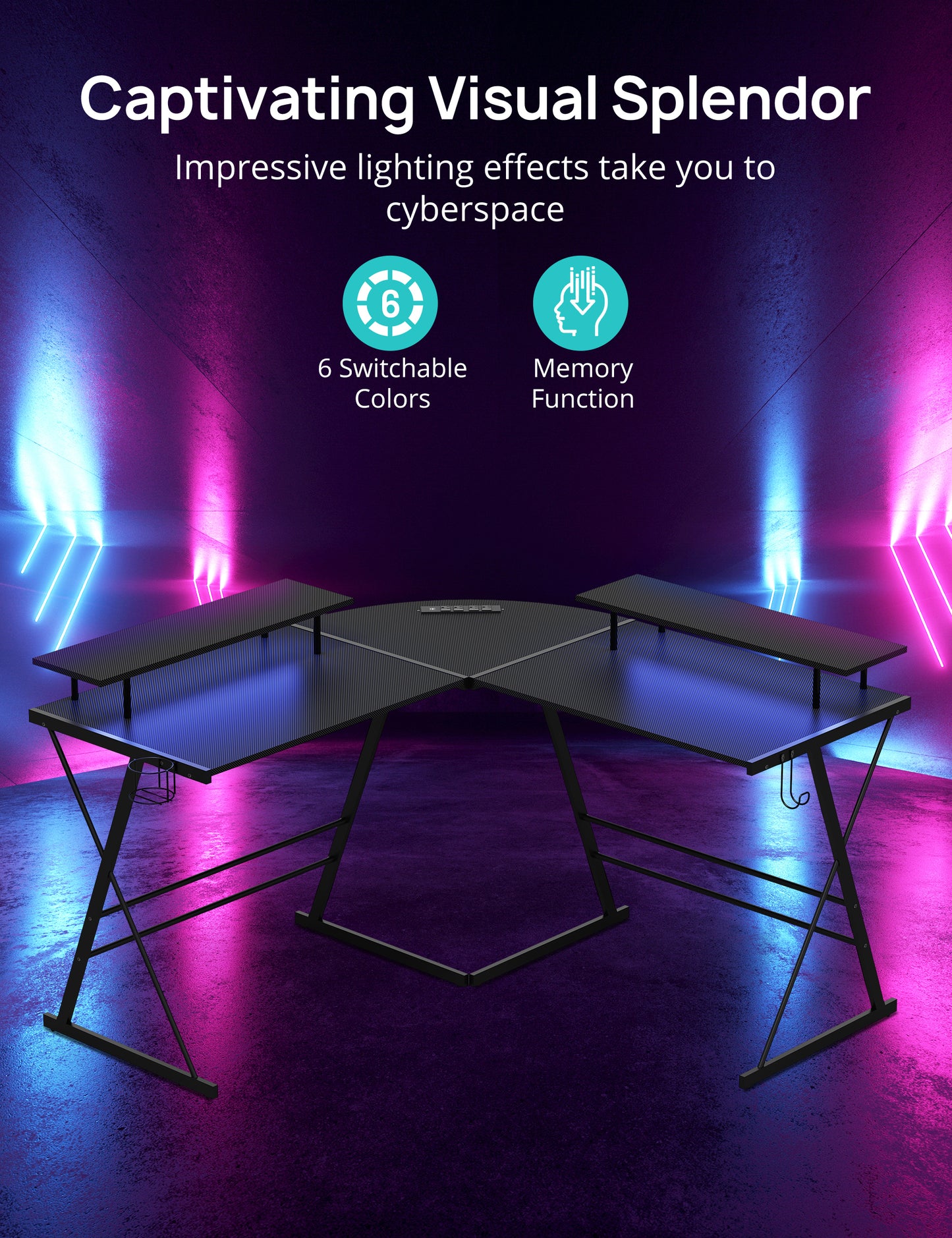 Gaming Desk, L Shaped Computer Corner Desk, 53" Ergonomic Gaming Table with Monitor Stands, PC Desk with LED Strips and Power Outlets, Carbon Fiber Surface with Cup Holder, Headphone Hook