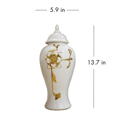 Ginger Jar With Steam Gold Flower - White